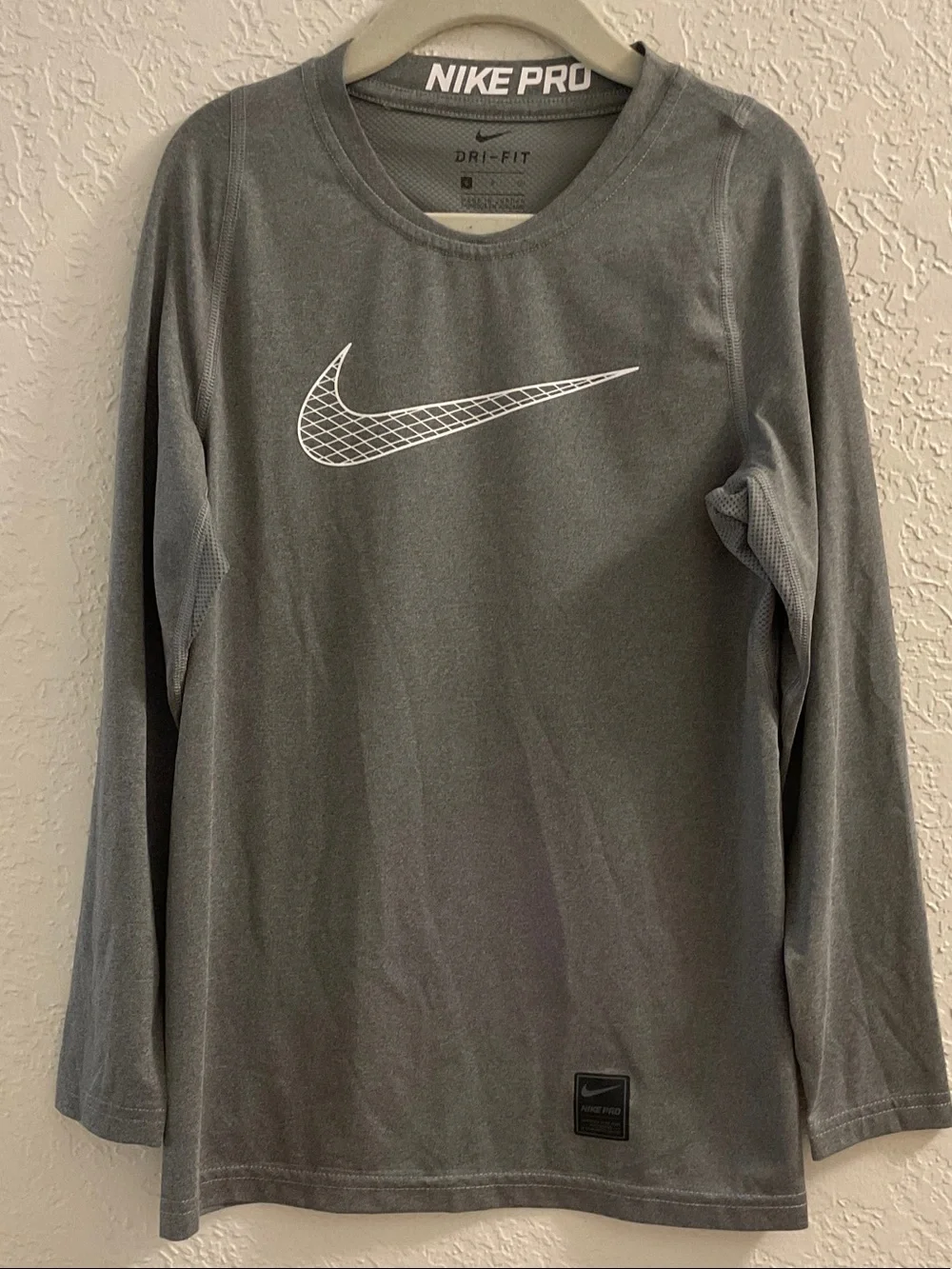 Nike PRO Gray Long Sleeve Dri-FIT Training Top with White Swoosh